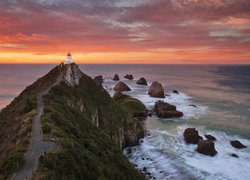 Wzgórze, Droga, Latarnia morska Nugget Point, Morze, Ocean Spokojny, Skały, Region Otago, Nowa Zelandia