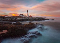 Latarnia morska, Portland Head Light, Morze, Skały, Zatoka Casco, Cape Elizabeth, Stan Maine, Stany Zjednoczone