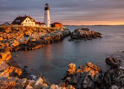 Stany Zjednoczone, Stan Maine, Morze, Skały, Latarnia morska, Portland Head Light, Cape Elizabeth