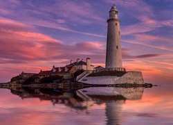 Wyspa, Zachód słońca, Morze, Latarnia morska, St Marys Lighthouse, Hartley, Whitley Bay, Anglia