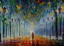 Malarstwo, Leonid Afremov, Park, Aleja, Latarnie