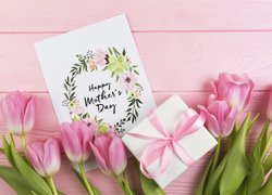 Dzień Matki, Bukiet, Różowe, Tulipany, Prezent, Laurka