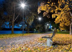 Ławka i świecące latarnie w jesiennym parku nad jeziorem