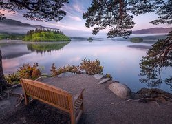 Jezioro, Wysepka, Drzewo, Ławka, Park Narodowy Lake District, Kumbria, Anglia