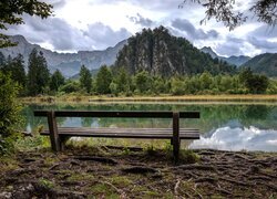 Austria, Góry, Jezioro, Almsee, Ławka, Drzewa