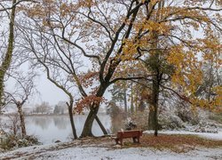 Jesień, Staw, Park, Ławka, Śnieg