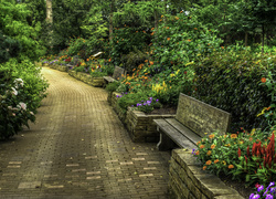 Stany Zjednoczone, Stan Wisconsin, Janesville, Ogród botaniczny Rotary Botanical Gardens, Alejka, Ławki, Krzewy, Kwiaty, Drzewa