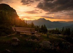 Austria, Tyrol, Powiat Reutte, Góry Alpy, Ławka, Drzewa, Zachód słońca, Chmury