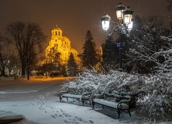 Park, Zima, Oświetlona, Cerkiew, Drzewa, Krzewy, Ławki, Latarnia, Padający, Śnieg