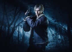 Leon z bronią w lesie z gry Resident Evil 4