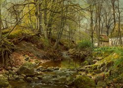 Malarstwo, Peder Mork Monsted, Las, Drzewa, Rzeka, Kamienie, Domy