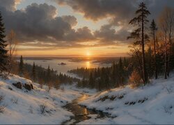 Zima, Drzewa, Jezioro, Pagórki, Chmury, Śnieg