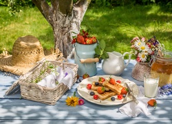 Letni piknik na łonie natury z owocami i innymi przysmakami