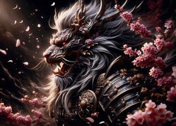 Fantasy, Groźny, Lew, Kły, Zbroja, Różowe, Kwiaty