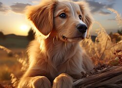 Golden retriever, Pies, Szczeniak, Rośliny, Grafika