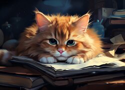 Leżący kot na książkach