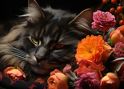 Leżący kot obok kwiatów na czarnym tle