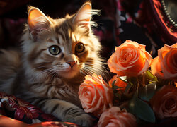 Leżący kot obok pomarańczowych róż