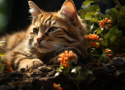 Leżący kot wśród roślin