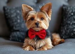 Pies, Yorkshire terrier, Czerwona, Muszka, Poduszki