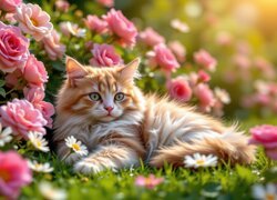 Leżący rudo-biały kot na trawie obok różowych róż
