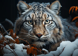 Leżący tygrys na gałązkach pokrytych śniegiem
