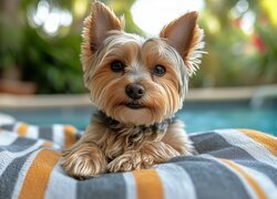 Leżący yorkshire terrier na ręczniku