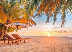 Morze, Plaża, Leżaki, Parasol, Palmy, Wschód słońca, Wyspa Dhigurah, Malediwy