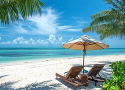 Morze, Plaża, Leżaki, Palmy, Parasol, Niebo