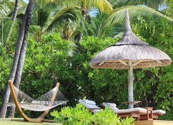 Leżaki pod parasolem obok hamaka pod palmami