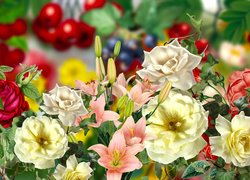 Kolorowe, Kwiaty, Róże, Lilie, Grafika