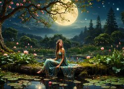 Lilie wodne i dziewczyna pod drzewem nad stawem w blasku księżyca