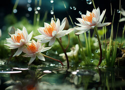 Kwiaty, Lilie wodne, Krople, Wody, Grafika