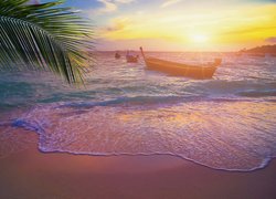 Liść palmy i łódki nad brzegiem morza