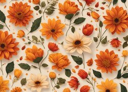 Liście i pomarańczowe kwiaty na jasnym tle w grafice