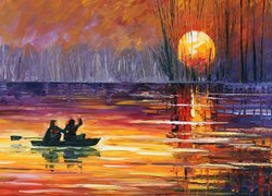 Malarstwo, Leonid Afremov, Jezioro, Łódka, Drzewa, Wschód słońca