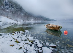 Zima, Jezioro, Kamienie, Łódka, Mgła, Drzewa