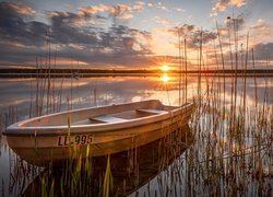 Łódka w szuwarach na brzegu jeziora o wschodzie słońca
