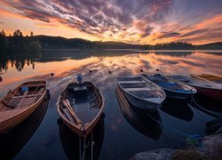 Łódki na jeziorze i drzewa nad jeziorem o zachodzie słońca