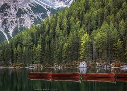 Włochy, Południowy Tyrol, Góry Dolomity, Drzewa, Jezioro Pragser Wildsee, Łódki