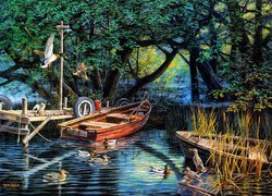 Łódki na jeziorze w malarstwie Kena Zylla