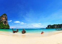  Morze Andamańskie, Plaża Railay Beach, Skały, Prowincja Krabi, Tajlandia, Drzewa, Łódki, Kajak, Chmury