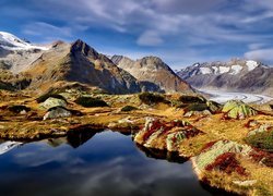 Lodowiec, Aletschgletscher, Góry, Alpy Berneńskie, Kałuża, Kanton Valais, Szwajcaria