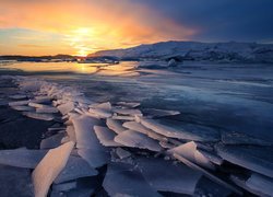 Islandia, Lodowiec Eyjafjallajökull, Zima, Lód, Kra, Wschód słońca