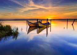 Portugalia, Murtosa, Jezioro, Laguna Ria de Aveiro, Łodzie, Zachód słońca