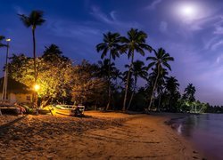 Łodzie obok domu pod palmami na plaży nocą