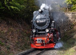 Lokomotywa parowa wyjeżdżająca z tunelu