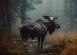 Łoś obok suchych roślin w zamglonym lesie