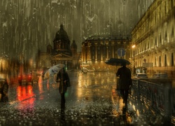 Ludzie pod parasolami i samochody na ulicy w deszczu