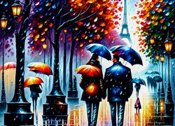 Ludzie pod parasolami na ulicy Paryża w grafice